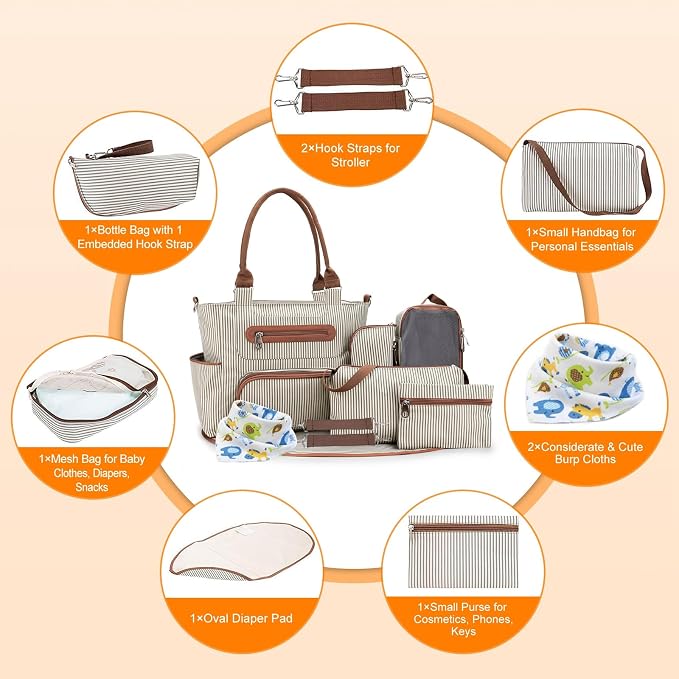 Moclever 8pc Diaper Tote Set, Baby Essentials with Multifunctional Diaper Bags, Bottle & Mesh Bag - Image 6