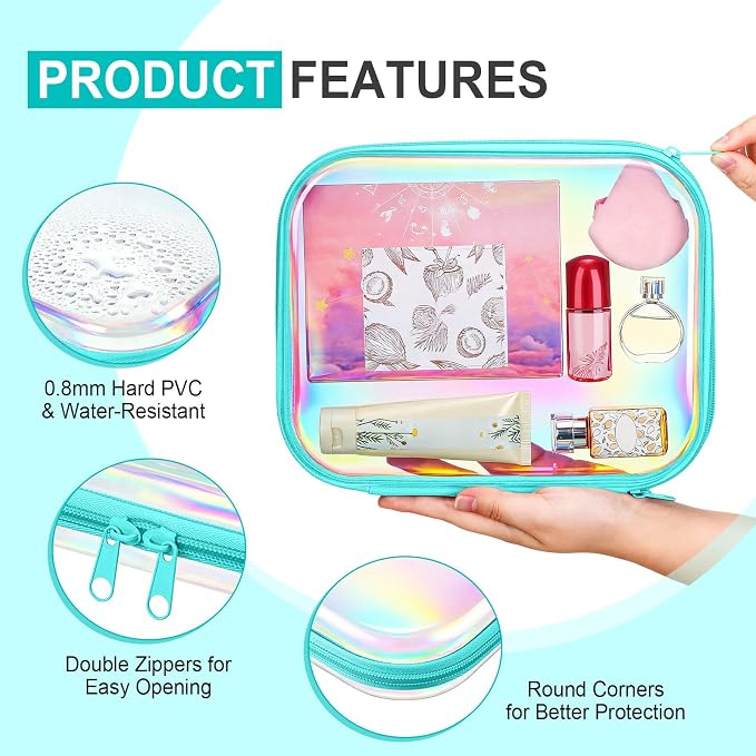 Sanwuta 6 Clear Hard Zipper Case,Holographic,9.84 X 7.87 X 2 Inch | Pencil Case Pouches ,Makeup Bag,Plastic Toiletry Diaper Bag ,Travel Toy Storage,Waterproof Organizer Bins - Image 3
