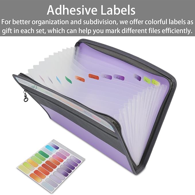 NAFY Accordion File Organizer, 13 Pockets Expanding File Folder with Zipper, A4 Letter Size Portable Accordion Expanding File Folders with 27pcs Colour Labels for Home Office School Supplies (Lilac) - Image 5