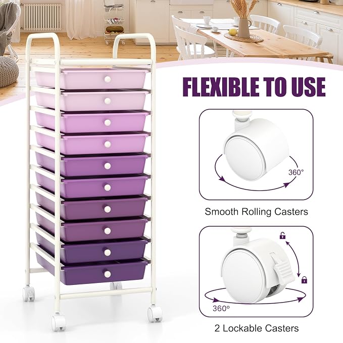 GOFLAME 10-Drawer Rolling Storage Drawer Cart, Utility Cart with Removable Drawers & Metal Frame, Mobile Art Craft Drawer Cart with Lockable Wheels for Home, Office, Studio, School, Purple Gradient - Image 5
