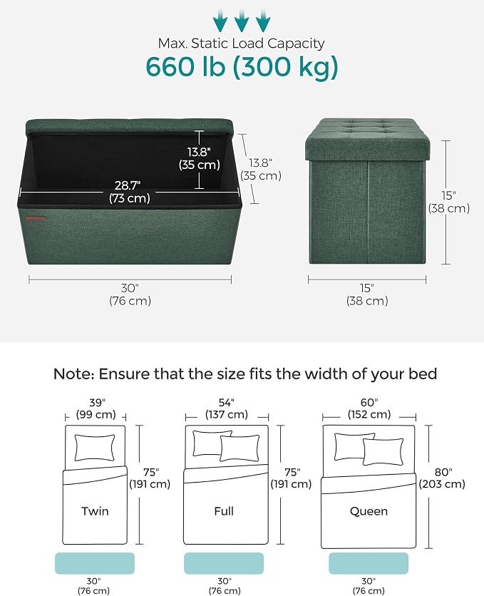 SONGMICS Mazie Collection - 30 Inches Folding Storage Ottoman Bench, Ottoman Foot Rest, End of Bed Bench, Storage Chest, Load 660 lb, for Living Room, Bedroom, Entryway, Retro Green ULSF047C01 - Image 3