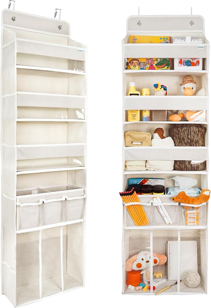 Door Hanging Storage Organizer,with 3 Bins 1 Movable Baby Diaper Caddy,1 Large capacity diaper stacking storage Organizer,10 Side Pockets ,Bedroom Door Storage for Nursery Baby Essentials. (Beige) by EZVERY