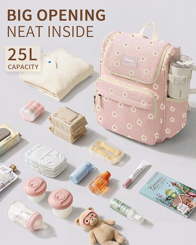 Large Corduroy Diaper Bag Backpack for Mom, 25L Baby Travel Bag with Insulated Bottle Pockets, 40oz Side Strap & Stroller-Ready Straps - Image 4