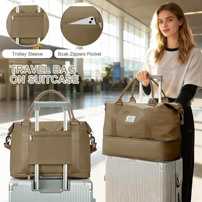 Travel Duffel Weekender Bag Women Tote Carry On Bags With Shoe Compartment | 18x14x8 inches Travel Overnight Bags with Trolley Sleeve for Airplanes Sport Tote Gym for Men Lightweight Daypack Khkai - Image 3