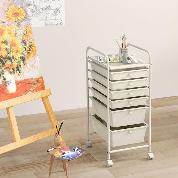 GOFLAME 6-Drawer Rolling Storage Cart, Multifunctional Art Supply Organizer Cart, Mobile Utility Storage Cart with Removable Drawers & Lockable Wheels, Craft Cart for Home Office, White - Image 2
