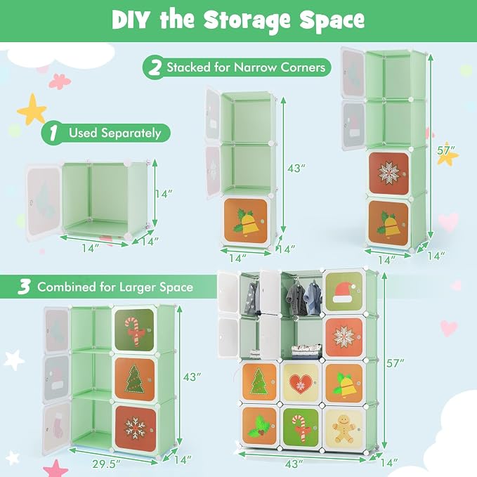 HONEY JOY Kids Wardrobe Closet, Baby Cartoon Clothes Storage Organizer, 12 Cubes & 2 Hanging Sections, Portable Children DIY Modular Bedroom Armoire Dresser Cabinet for Boys Girls (Green) - Image 3