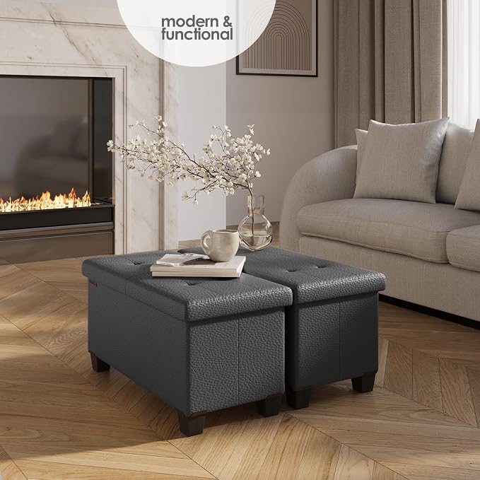 Storage Ottoman Bench with Bins, 30-in Storage Bench for Bedroom End of Bed, Folding Foot Rest Ottoman for Living Room Max 660lbs, Faux Leather Ottomans, Grey - Image 2
