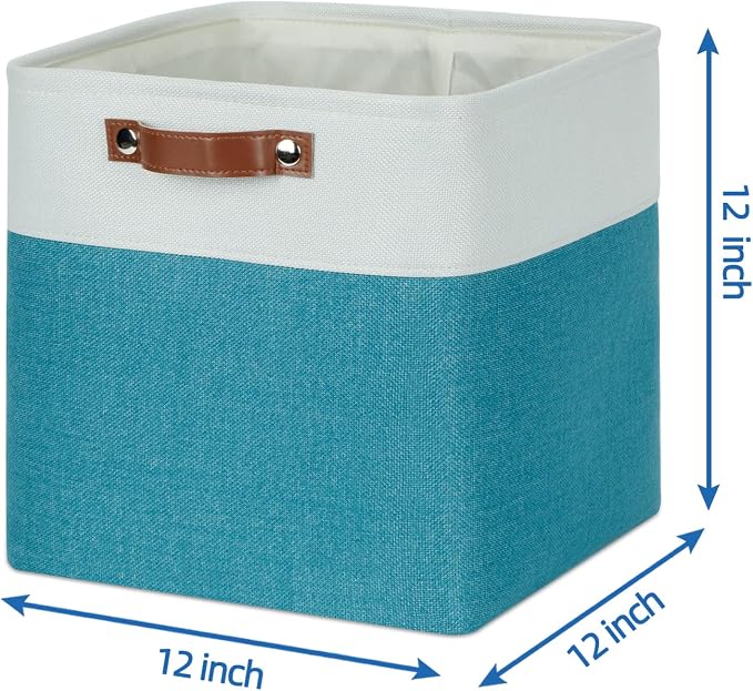 Temary Baskets Storage 12 Inch Fabric Storage Cubes Storage Baskets with Handle, Large Cube Storage Bins for Storage Books, Blankets, Clothes Baskets for Gift (White&Teal) - Image 2