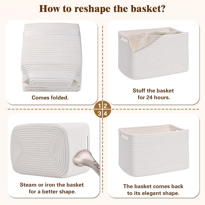Storage Baskets for Organizing, 4 Pack Baskets for Shelves, Decorative Storage Bins for Shelves, Cotton Rope Storage Basket with Handles, Woven Basket for Storage, 13''Lx8.7''Wx7.9''H, White - Image 8