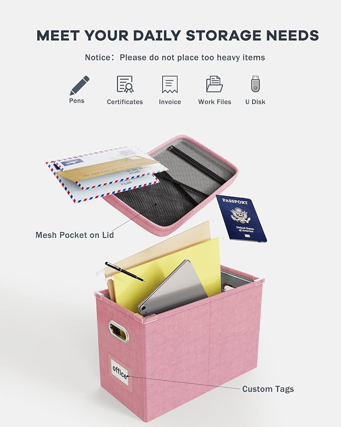 File Organizer Box with Lid, Hanging Filing File Box with Mesh Pocket, Document Organizer Box for Letter Files, Portable Storage Box with Smooth Sliding Rail for Office&Home (1 PCS, Pink) - Image 4