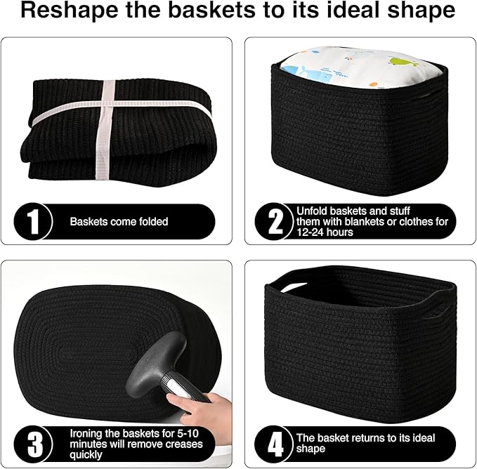 ICERZCZ Black Storage Baskets for Organizing Shelves, Toy Basket for Nursery, Woven Cotton Rope Basket for Decor, Towel Baskets for Bathroom, 15"x11"x9.5", 3 Packs, Black - Image 7