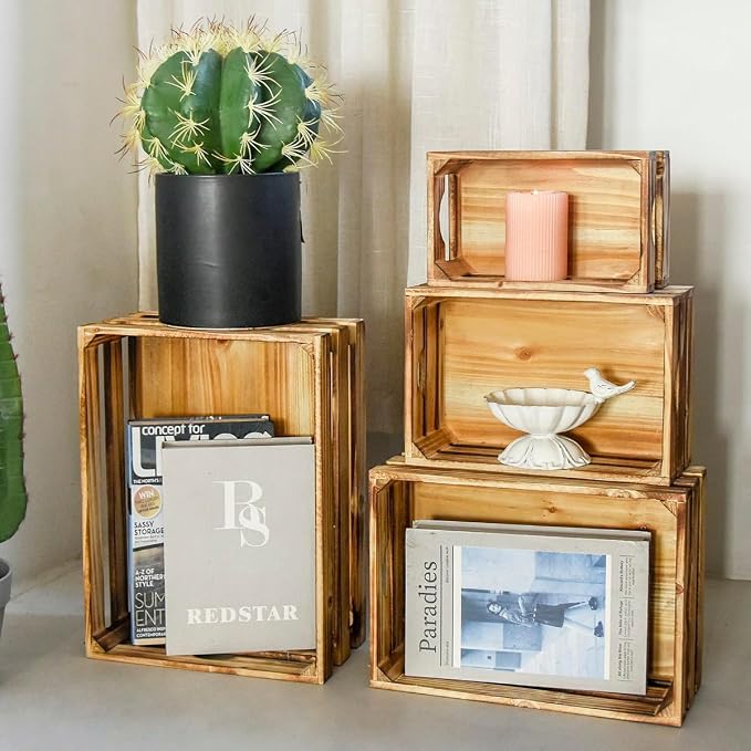 Large Wooden Crates Set of 4 Decorative Storage Box with Handles, Rustic Torched Brown Farmhouse Wooden Crates for Display, Organizer Container Baskets Box for Kitchen, Pantry, Bedroom - Image 6