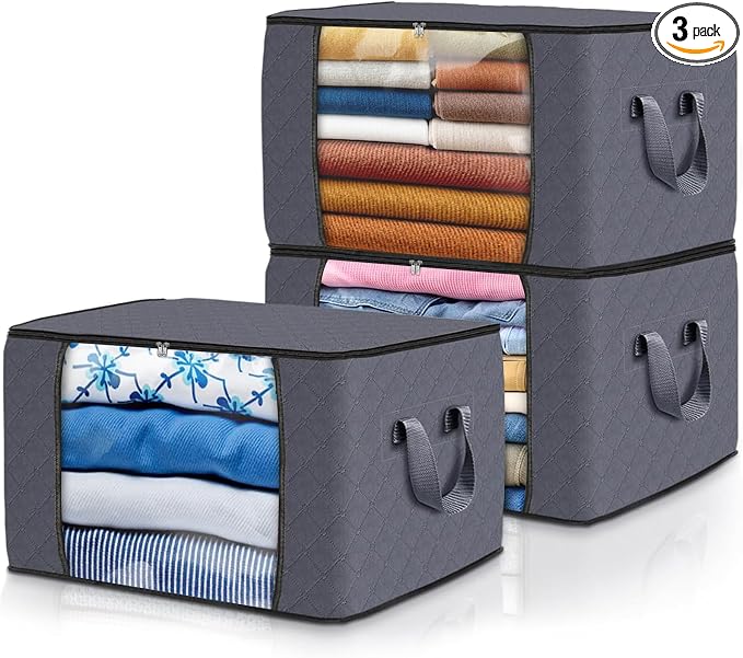 3 Pack Storage Bags for Clothes Blanket Storage Bins with Lids | Foldable Closet Organizers with Zippers,Window and Handles,Fabric Storage Bins for Sweater,Comforter,Bedding,Dorm essentials by Fabtotes