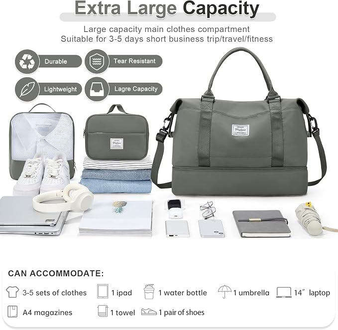 Large Weekender Bags for Women, Travel Duffel Bags with Shoe Compartment,Personal Item Travel Carry on Overnight bag for women Travel 3PCS,Olive Green - Image 3