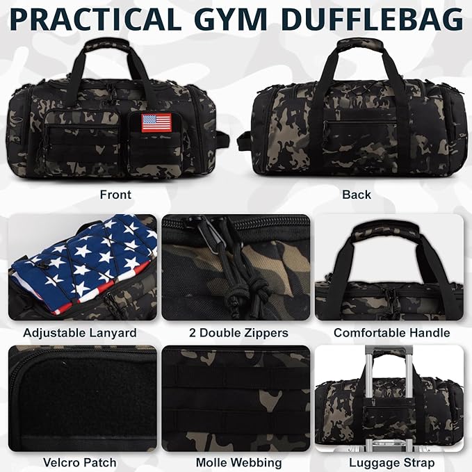 Tactical Gym Bag for Men,50L Large 3-in-1 Sports Duffle Bag for Travel Gym | Water Resistant ,Adjustable Shoulder Strap,MOLLE Weekender Overnight Bag with Shoes Compartment,Gym Backpack for Gym,Travel - Image 6