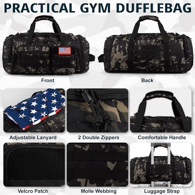 Tactical Gym Bag for Men,70L Large 3-in-1 Sports Duffle Bag for Travel Gym | Water Resistant ,Adjustable Shoulder Strap,MOLLE Weekender Overnight Bag with Shoes Compartment,Gym Backpack for Gym,Travel - Image 6
