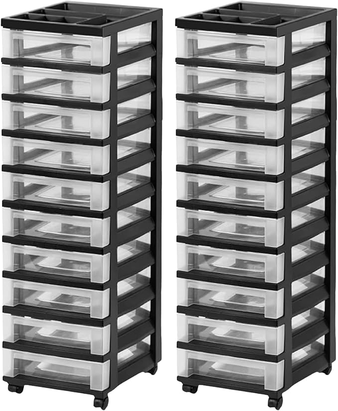 IRIS USA 2 Pack 10-Drawer Plastic Storage Rolling Organizer Cart with Caster Wheels for Laundry Room, Bathroom, or Closet Dresser Storage, Black/Clear by IRISUSA