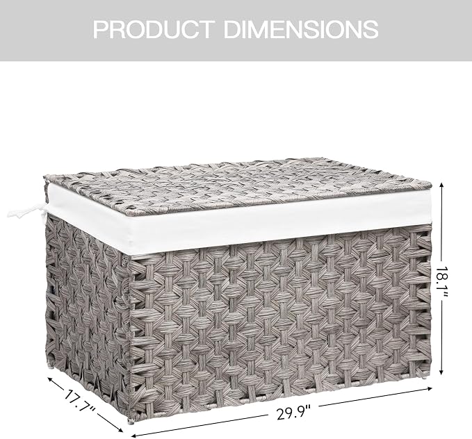 Wicker Storage Basket with Lid, 42.3 Gallon (160L) Large Blanket Basket with Lid, Woven Storage Bin with Handles, Removable Liner, Metal Frame, Foldable, for Bedroom, Laundry Room, Grey - Image 3