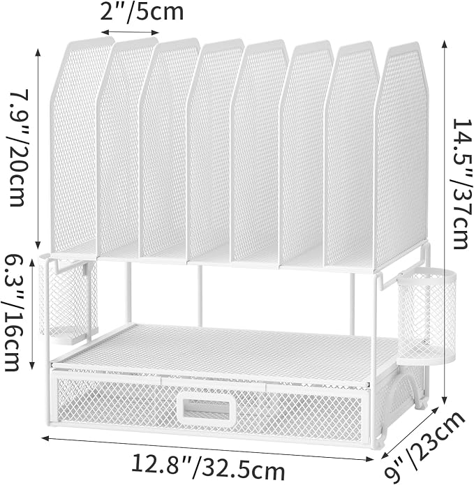 FANXIYQ Metal Desk Organizer with Sliding Drawer, 7-Section File Organizer for Desk, Desktop File Folder & Paper Organizer with 2 Hanging Pen Holders, Office Supplies Organizer, White - Image 6