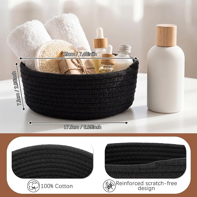 12 Pack Small Storage Basket Cute Natural Cotton Rope Woven Basket Tiny Boho Decorative Toy Storage Bin Gift Baskets for Home Organizing, Closet, Shelf, Nursery, Bathroom (Round,Black) - Image 2