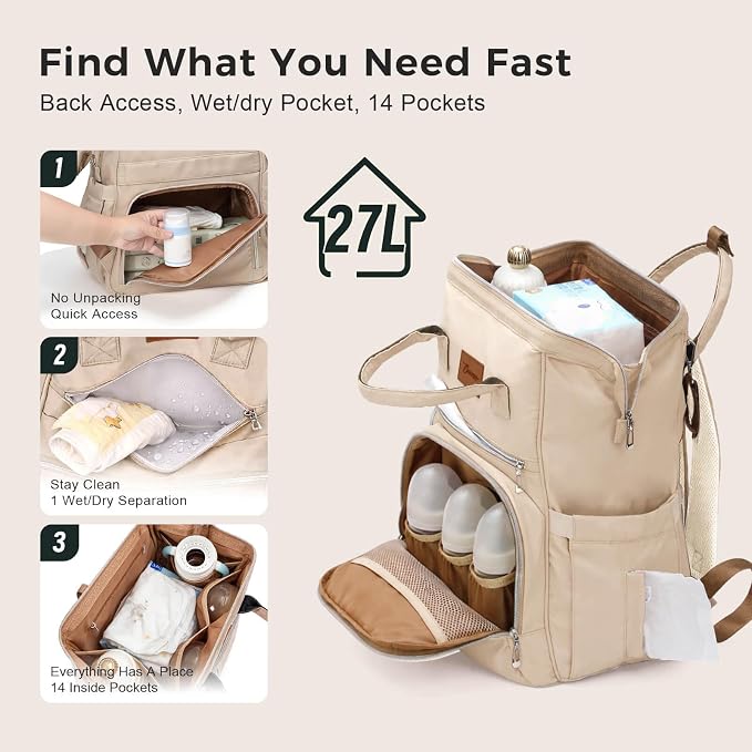 Diaper Bag Backpack with Wet/Dry Pocket, Changing Pad, 27L Beige | 14 Pockets, 3 Insulated Bottle Pockets & Rear Opening for Organizing, Stroller Straps & Luggage Sleeve for Travel - Image 4