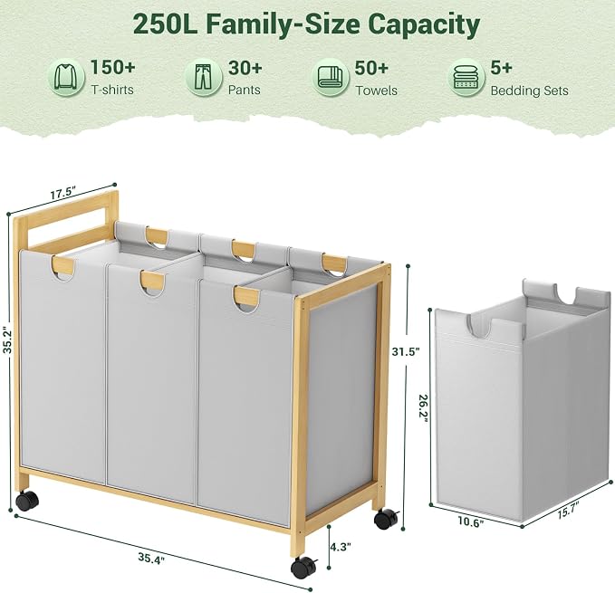 250L Laundry Sorter Cart with Wheels, 3-Section Rolling Laundry Basket with Removable Bags, 66 Gal Large Laundry Hamper Organizer, Heavy Duty Bamboo Frame, Water-Resistant, Grey - Image 7