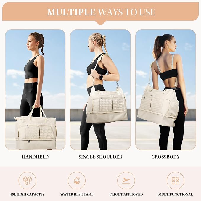 Maelstrom Gym Bag for Women,40L Travel Duffel Bag with Shoes Compartment and Wet Pocket,Waterproof Carry On Weekender Bag,Sport Gym Tote Bags Swimming Yoga, Hospital Holdalls（Beige) - Image 7