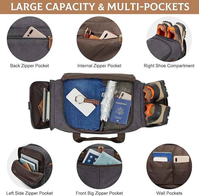 S-ZONE 65L Expandable Canvas Duffle Bag Travel Overnight Holdall Weekend Bag with Shoes Compartment Large Carry On Bag Tote Gym Bag for Men Women, Grey, L | Cotton Canvas, 45L Large Size, Shoes Compartment,Multi-Pocket, Removable Shoulder strap for Gym... - Image 3