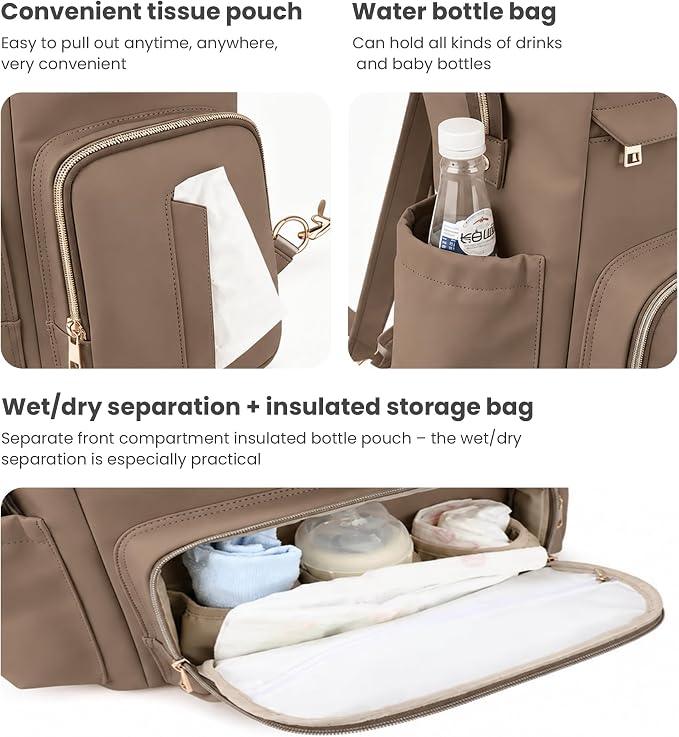Large Capacity Diaper Bag Backpack with Changing Pad, Waterproof Baby Travel Backpack for Parents-Khaki - Image 5