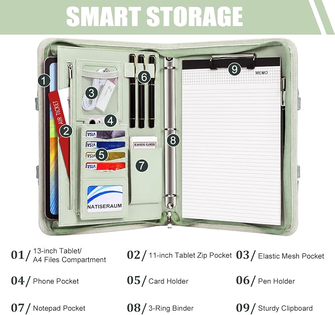 Portfolio Binder 3 Ring Includes Pen and 5 Dividers with 10 Pockets, Padfolio Organizer with Zipper for Men and Women, Includes A4 Notepad for Business, School, Work - Image 7