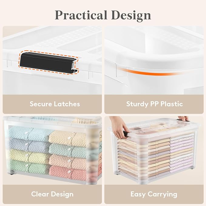 Lifewit 58Qt Storage Bins with Lids, Plastic Large Latches Boxes with Wheels, Clear Totes Tubs Container for Closet Organizers and Storage, Bedroom, Clothes, Craft, 4 Pcs - Image 8