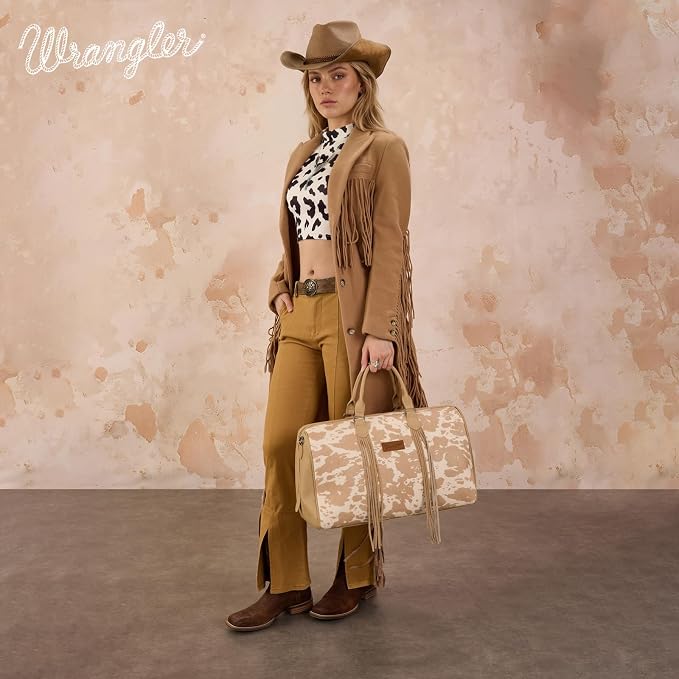 Wrangler Rustler Wildside Cow-Print Weekender Duffel Bag Large Carry On Bags with Tassels, Tan - Image 4