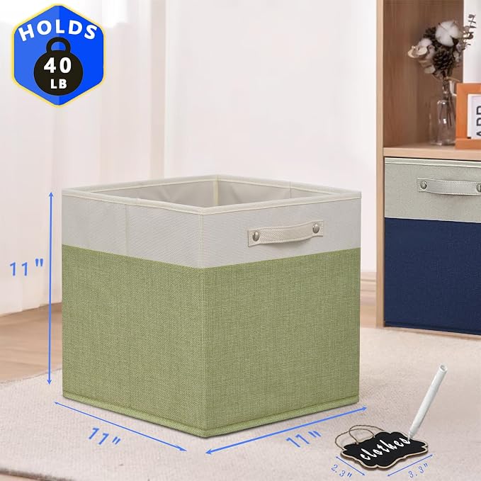 15x13x13 inch cube storage bin,Collapsible Fabric Storage Cubes with Labels 4 Pack,Linen Cube Storage Organizer Bins with Cotton Handles for Home,Nursery,Clothes,Shelves and Closet(White green). - Image 2
