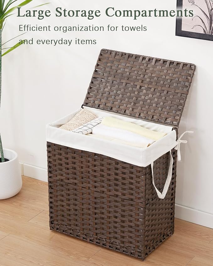 SETVSON Laundry Hamper with Lid Wicker Laundry Basket 112L PE, Brown | Large Family Clothes Sorter Trunk with Lid, 3 Compartment Washable Liners, 6 Mesh Bags, Collapsible Steel Frame - Image 4