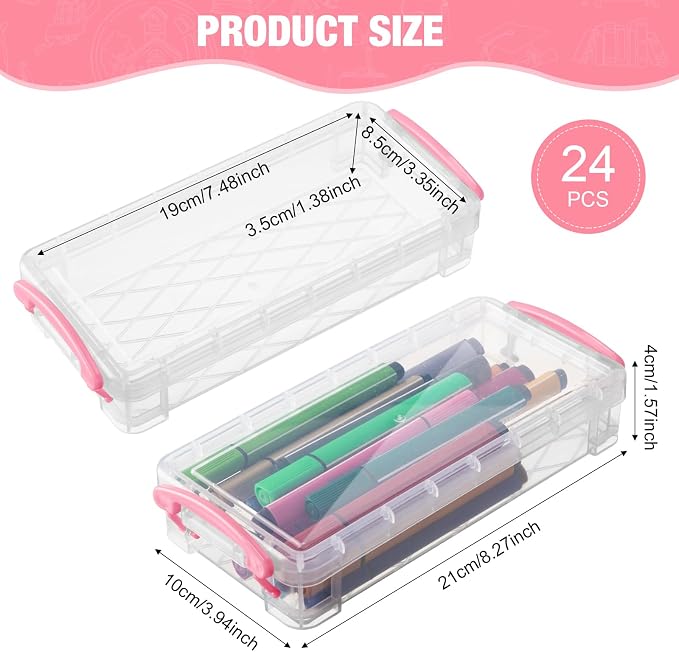 Gueevin 24 Pcs Large Capacity Plastic Pencil Box Clear Plastic Pencil Case Crayon Box with Snap Tight Lid Watercolor Pen Storage Brush Organizer Drawing Tools Container (Pink) - Image 2