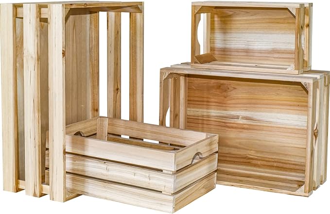 Large Wooden Crates Unfinished Set of 4 Decorative Storage Box with Handles, Rustic Farmhouse Wooden Crates for Display, Living Room Container Basket Box for Kitchen, Pantry, Bedroom by UPPER+DECOR