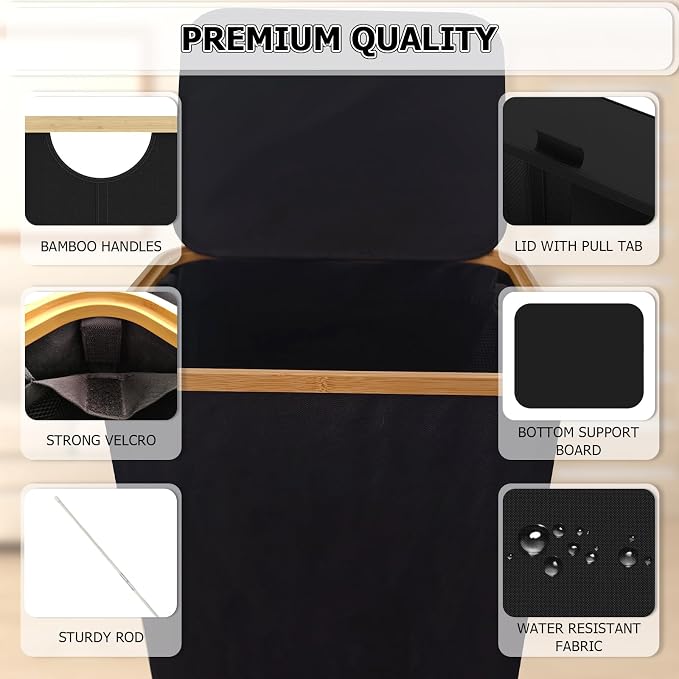 Laundry Basket with lid, Collapsible Laundry Hamper with Bamboo Handle, Dirty Clothes Hampers with Removable Laundry Bag for Clothes Toys Towels (Black, 100L 2 Pack) - Image 4