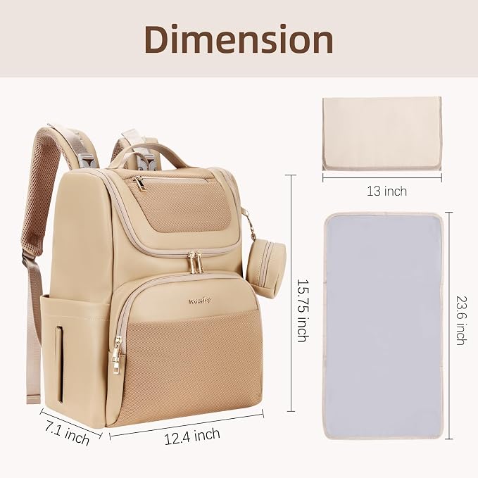 Large Leather Diaper Bag Backpack, Baby Travel Bag with Changing Pad, Insulated Pockets, Stroller Straps and Pacifier Case, Water-Resistant Diaper Bag for Mom and Dad, Khaki - Image 6