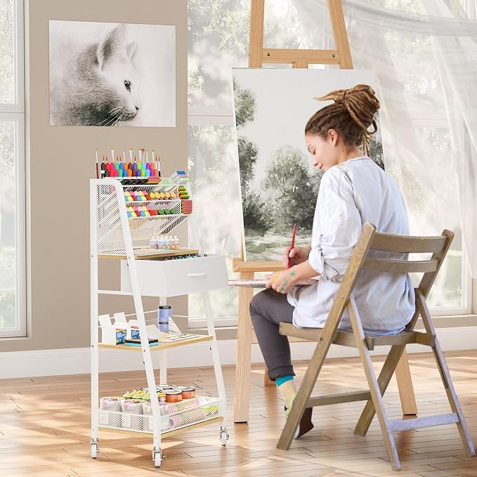 3 Tier Rolling Cart - Metal Utility Cart with Storage Drawer and Wheels, Versatile Art & Craft Organizer for Home, Office, or Studio - Ideal for Storing Brushes, Paints, and Supplies（Maple） - Image 4
