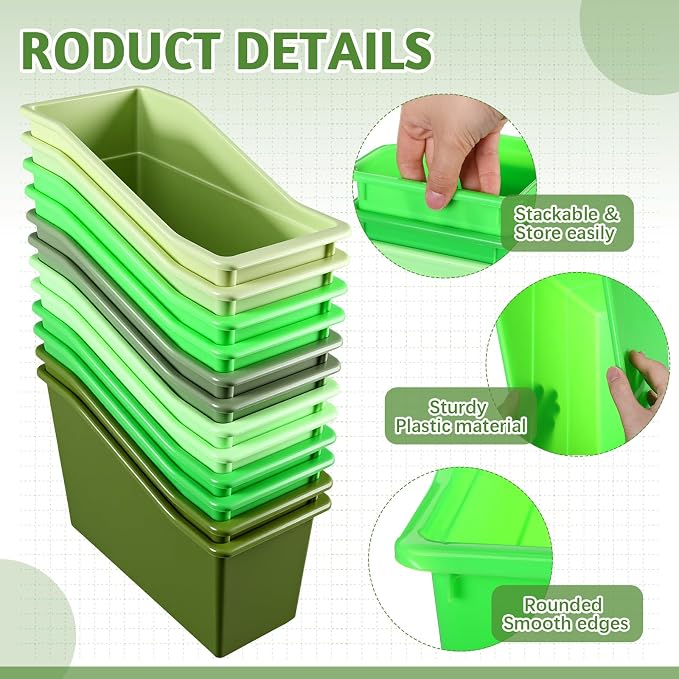 Teling 12 Pcs Book Bins Bulk for Classroom Storage Plastic Magazine Holder with Label Interlocking File Folder Organizer Binder Container Box for School Office Desktop Bookshelf Home (Gradient Green) - Image 3