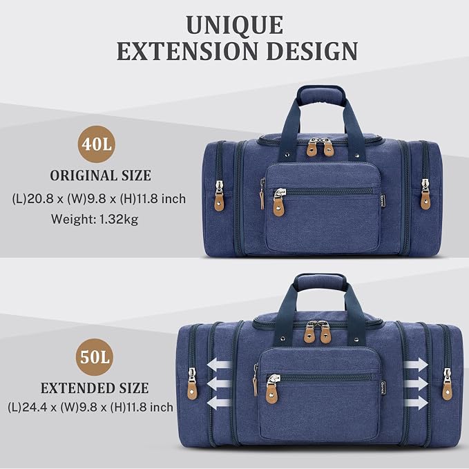Gonex Canvas Duffle Bag, Expandable 50L Travel Overnight Weekender Bag | Multiple Pockets, Carry-On Size, Durable Zippers, Detachable Strap, for Men & Women, Blue - Image 5