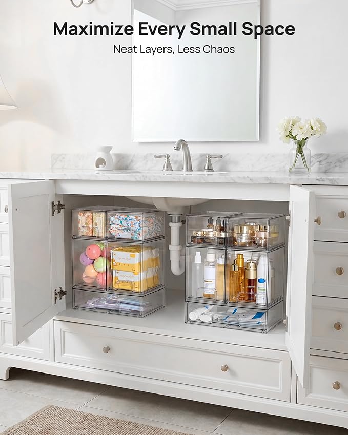 Vtopmart Clear Stackable Storage Drawers Set of 7, Plastic Organizer Bins | Multi-purpose Boxes for Baby Bottle Storage, Ideal for Kichen, Vanity, Bathroom, Undersink, Cabinet, Pantry Organization - Image 6