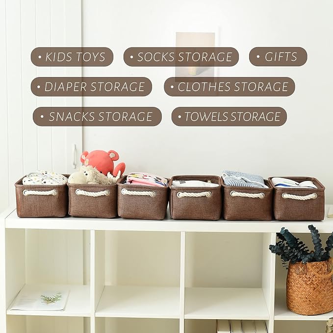 Storage Basket for Organizing - 12x8x5 inch Small 6 Pack Collapsible Storage Bin for Shelves with Handles, Canves Storage Box for Cloth Closet Organizer Gift Toy (Brown) - Image 3