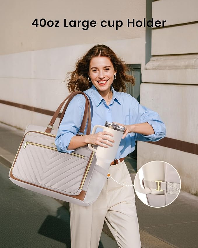 LOVEVOOK Laptop Teacher Tote Bag for Women, Work Nurse Bag with Large Cup Holder, Quilted Diaper Bag for Travel, Computer Women's handbags for Teacher gift, Apricot-brown, 15.6 Inch - Image 3