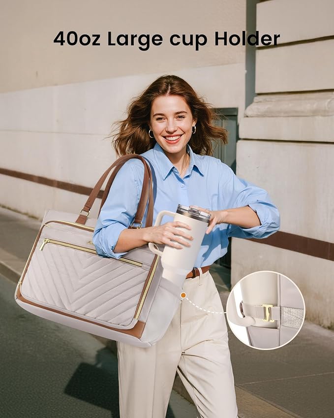 LOVEVOOK 17 Inch Laptop Teacher Tote Bag for Women, Work Nurse Bag with Large Cup Holder, Quilted Diaper Bag for Travel, Computer Women's handbags for Teacher gift, Apricot-brown - Image 3