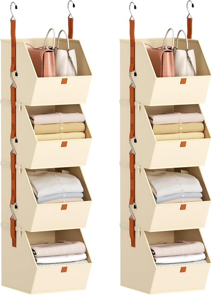 Hanging Closet Organizer 4 Tier - Clothes Hanging Shelves, Space-Saving Closet System, Fabric Storage Bins Bedroom Organization, Collapsible Baskets for Home, Dorm, Rv, Beige, 8 Pack by Homsorout
