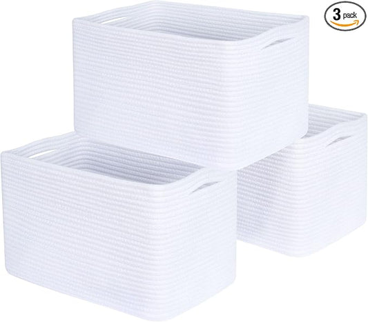3-Pack Decorative Woven Storage Baskets for Shelves, Cube Bin Box for Organizing Books, Shoes, Dog Toys, Pantry Closet and Living Room Organizer, Full White by MINTWOODDesign