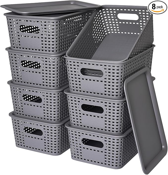 Ohmlove 8 Pack Plastic Storage Baskets with Lids for Organization | Stackable Storage bins, Storages Baskets for Organizing Shelves Drawers Desktop Closet Playroom Classroom Office, Gray by OHMLOVE