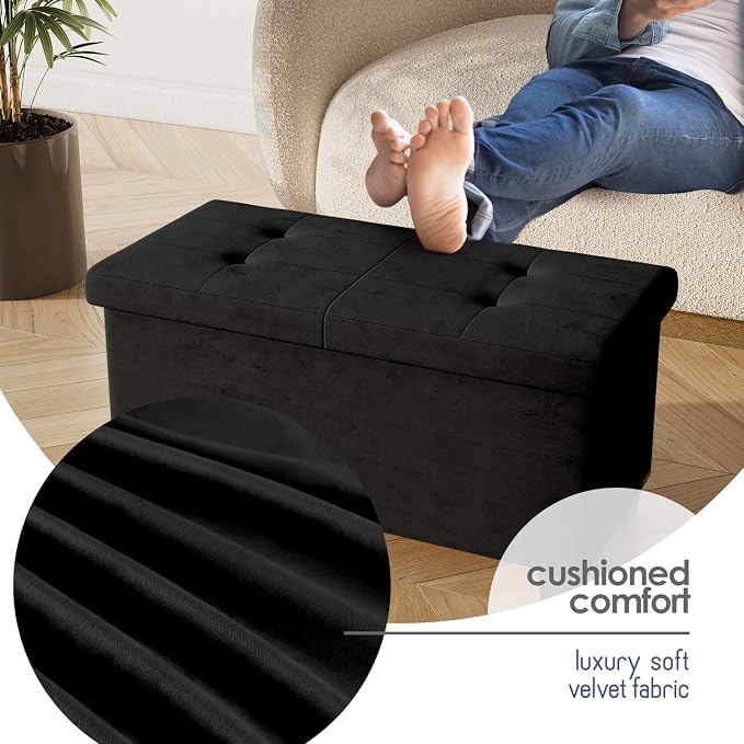 Storage Ottoman Bench with Bins, 30-in Storage Bench for Bedroom End of Bed, Folding Foot Rest Ottoman for Living Room Max 660lbs, Velvet Ottomans, Black - Image 7
