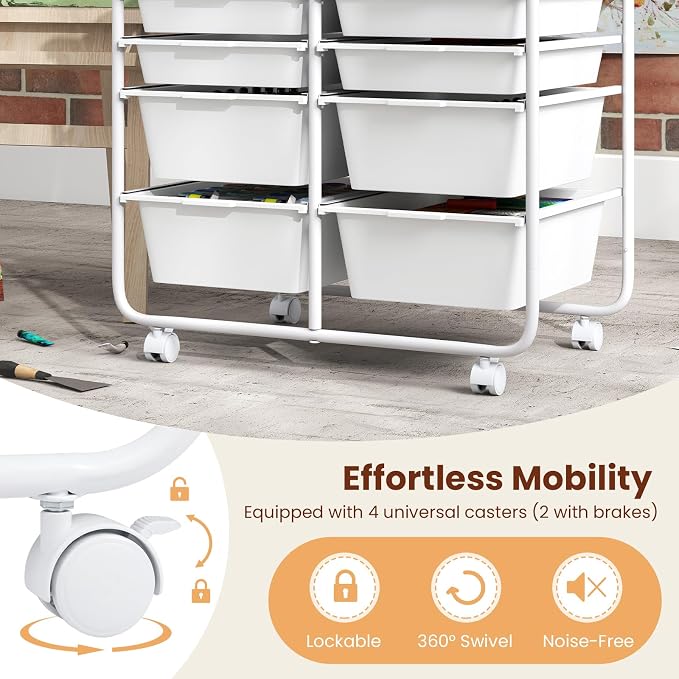 Giantex Rolling Storage Cart with 10 Drawers, Utility Cart w/Wooden Tabletop, Handle, Lockable Wheels, Multipurpose Organizer for Art Craft Scrapbooks Paper, Drawer Carts for Dorm School Office, White - Image 7